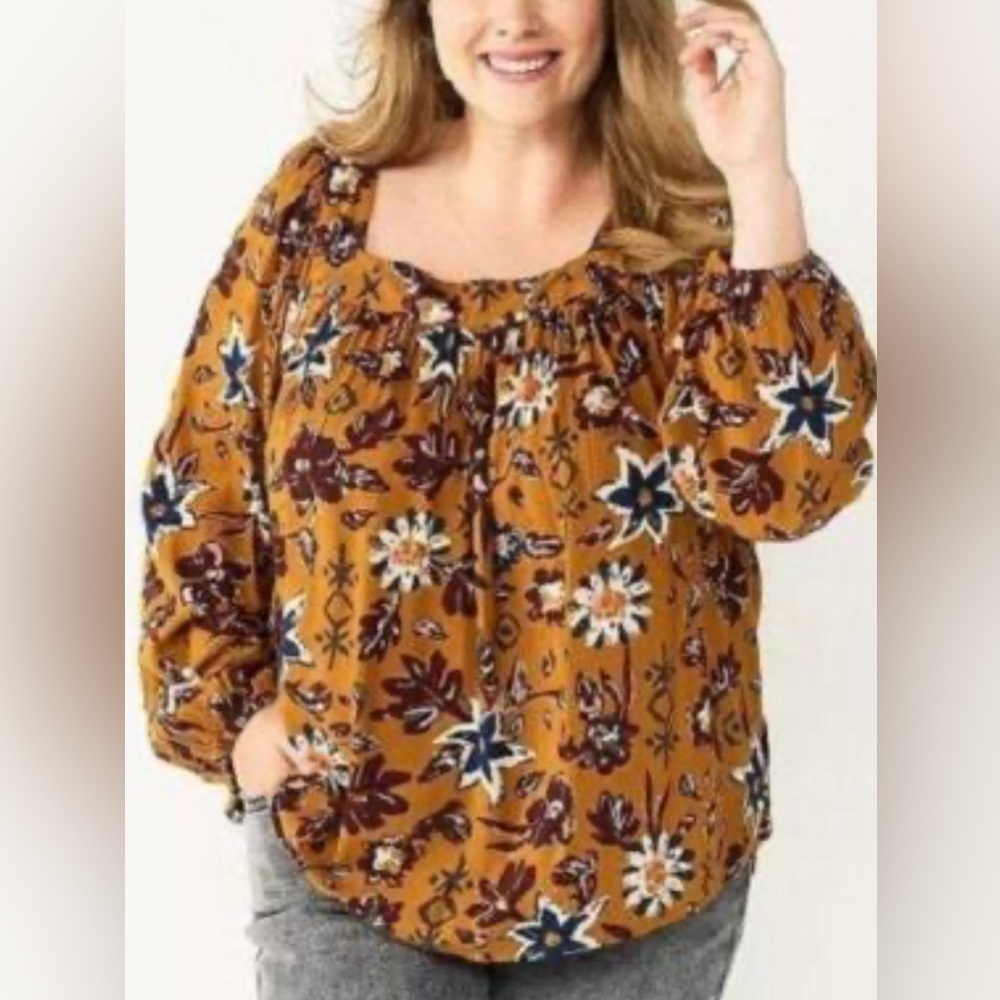 Sonoma Ladies Square Neck Yellow Floral Peasant Boho long sleeve top size XL